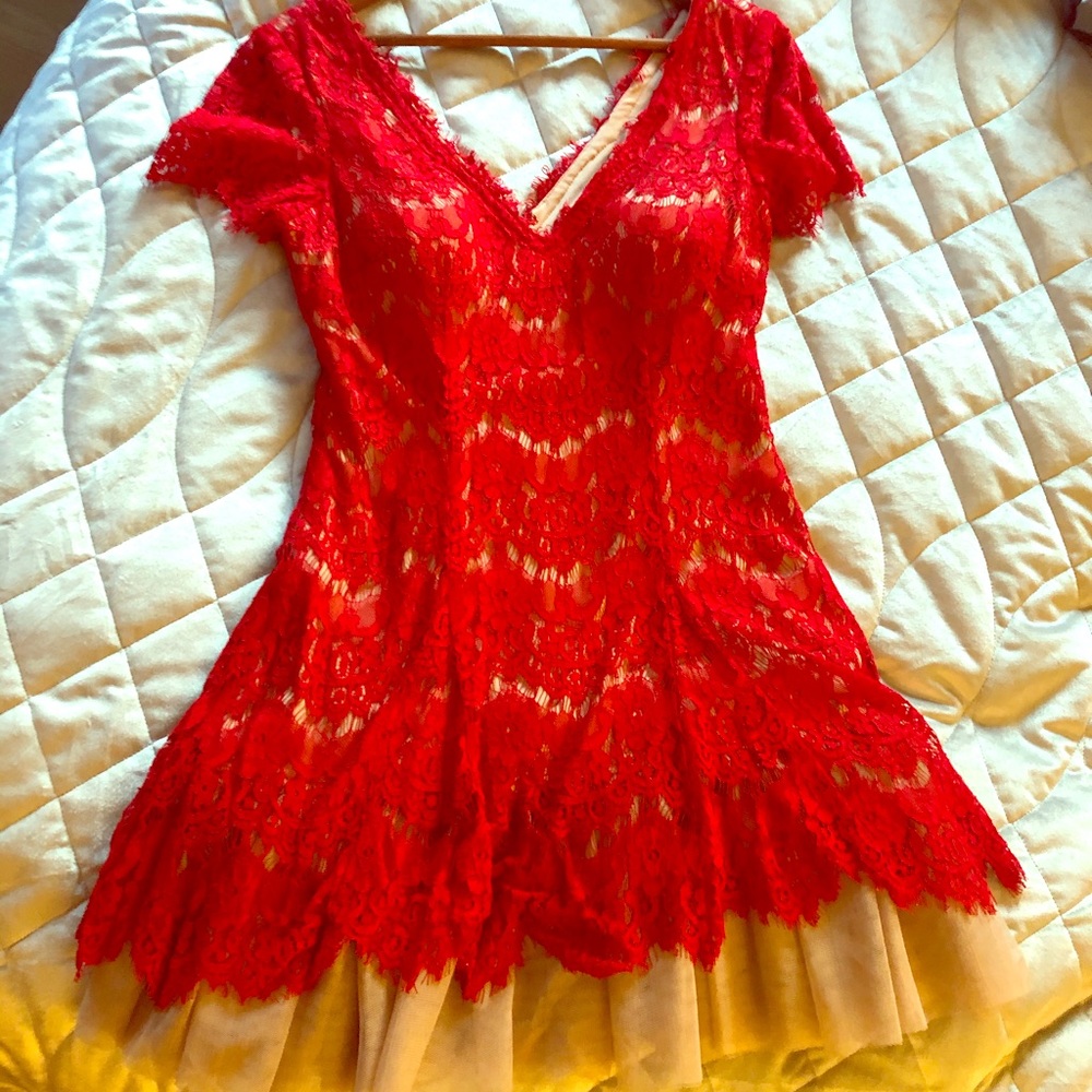 Betsy and Adam red lace overlay fit & flare dress